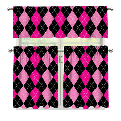 Black And Deep Pink Argyle Pattern Print 3 Piece Kitchen Curtains