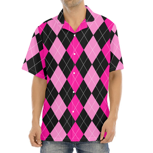 Black And Deep Pink Argyle Pattern Print Aloha Shirt