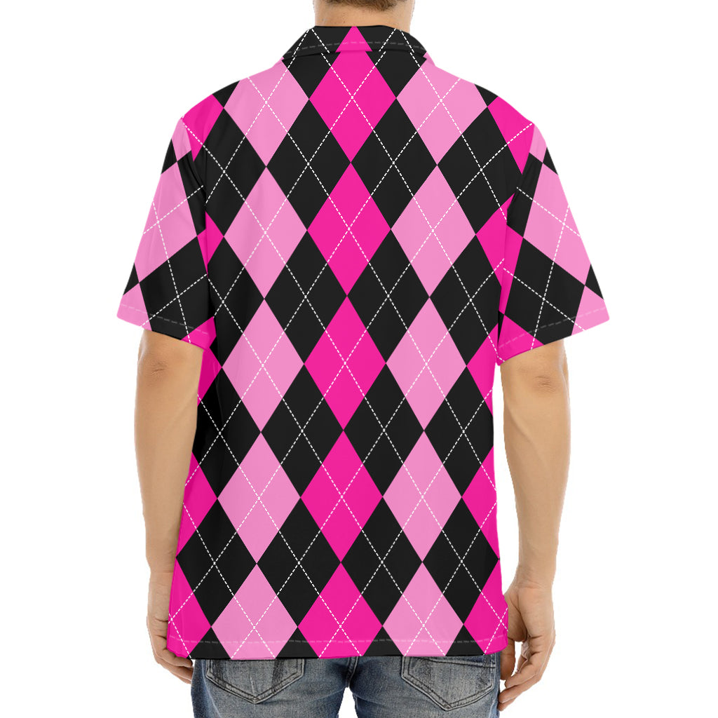 Black And Deep Pink Argyle Pattern Print Aloha Shirt