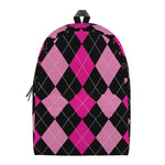 Black And Deep Pink Argyle Pattern Print Backpack