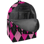 Black And Deep Pink Argyle Pattern Print Backpack