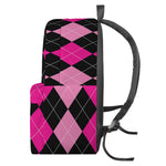 Black And Deep Pink Argyle Pattern Print Backpack