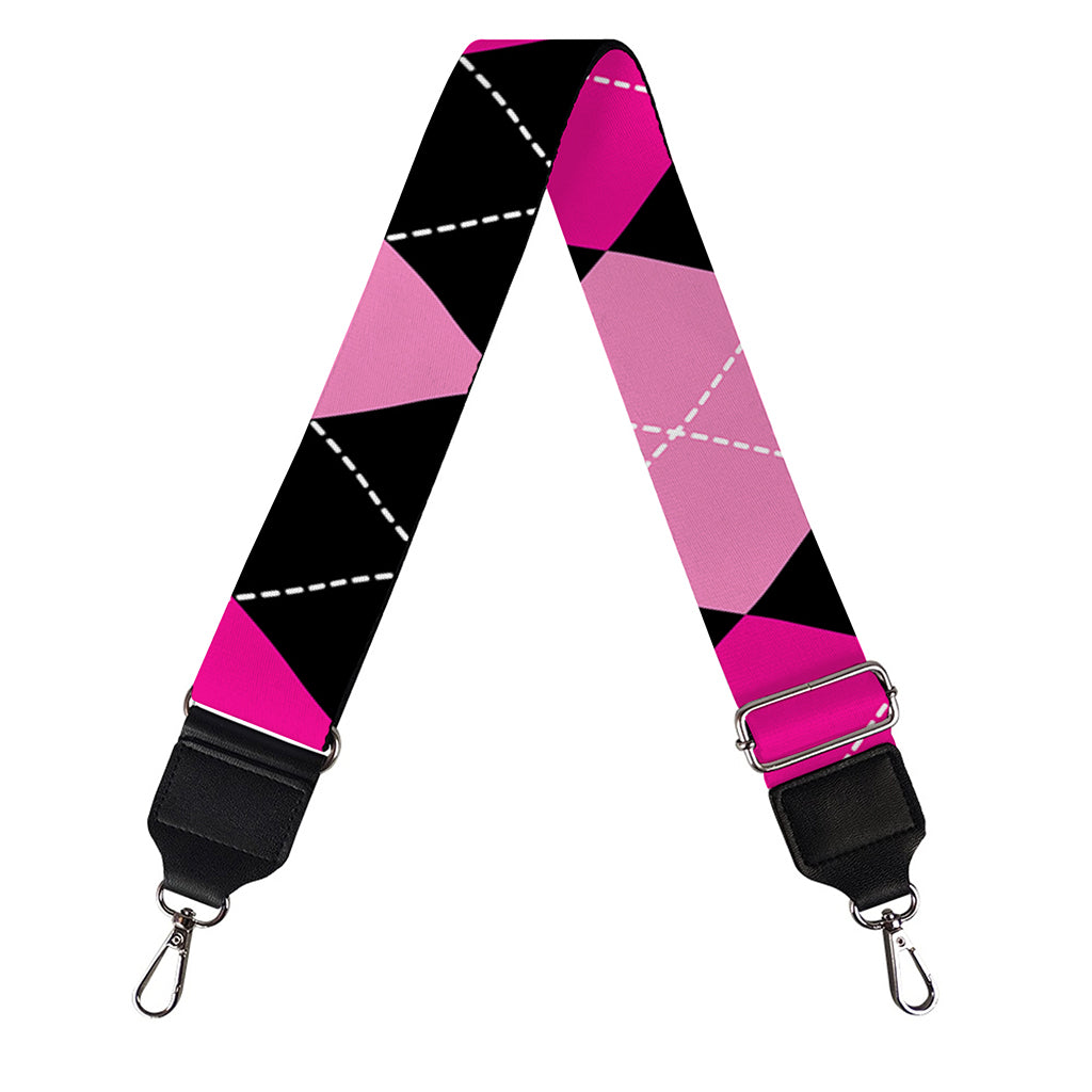 Black And Deep Pink Argyle Pattern Print Bag Strap