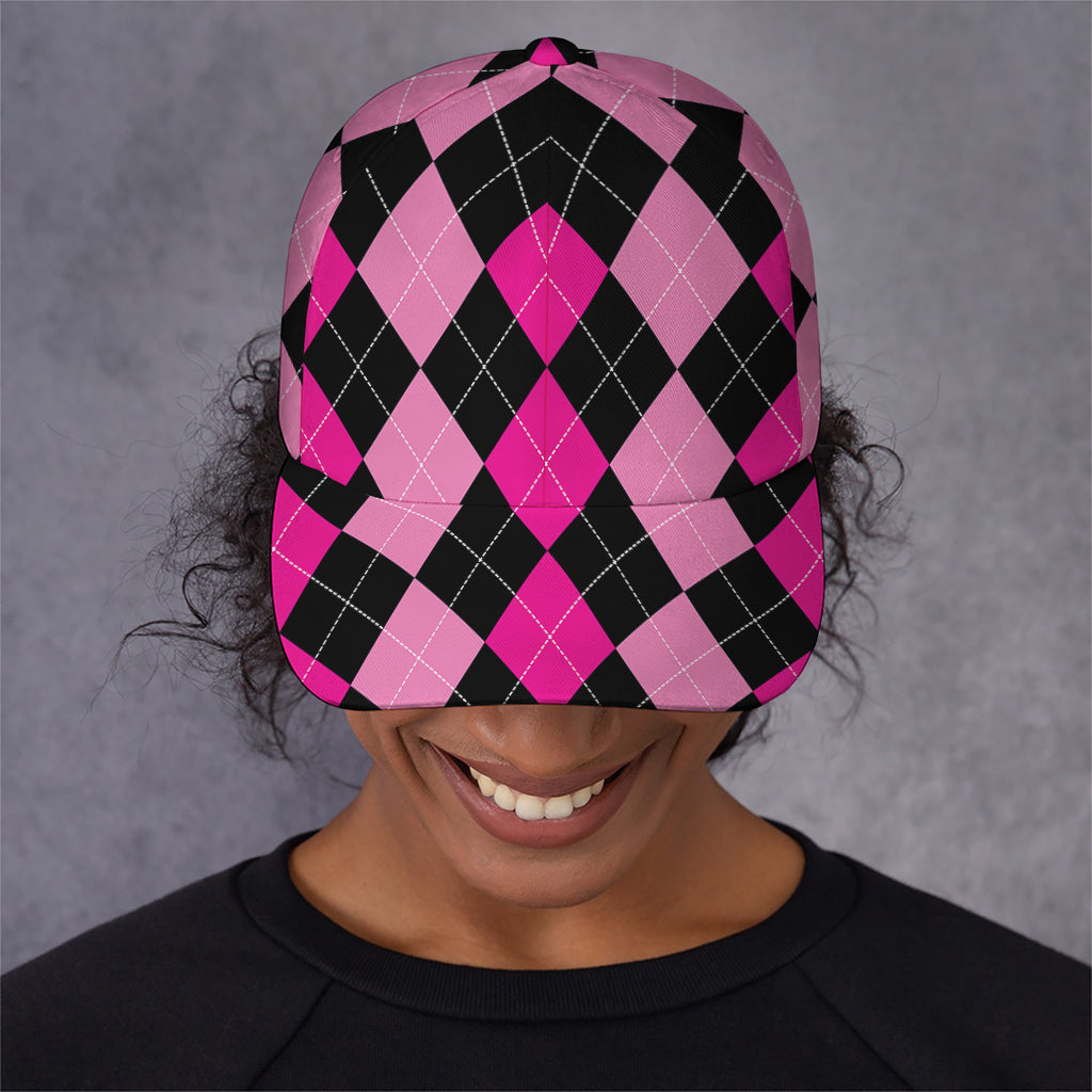 Black And Deep Pink Argyle Pattern Print Baseball Cap