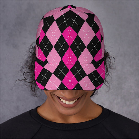 Black And Deep Pink Argyle Pattern Print Baseball Cap