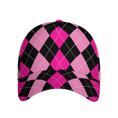 Black And Deep Pink Argyle Pattern Print Baseball Cap