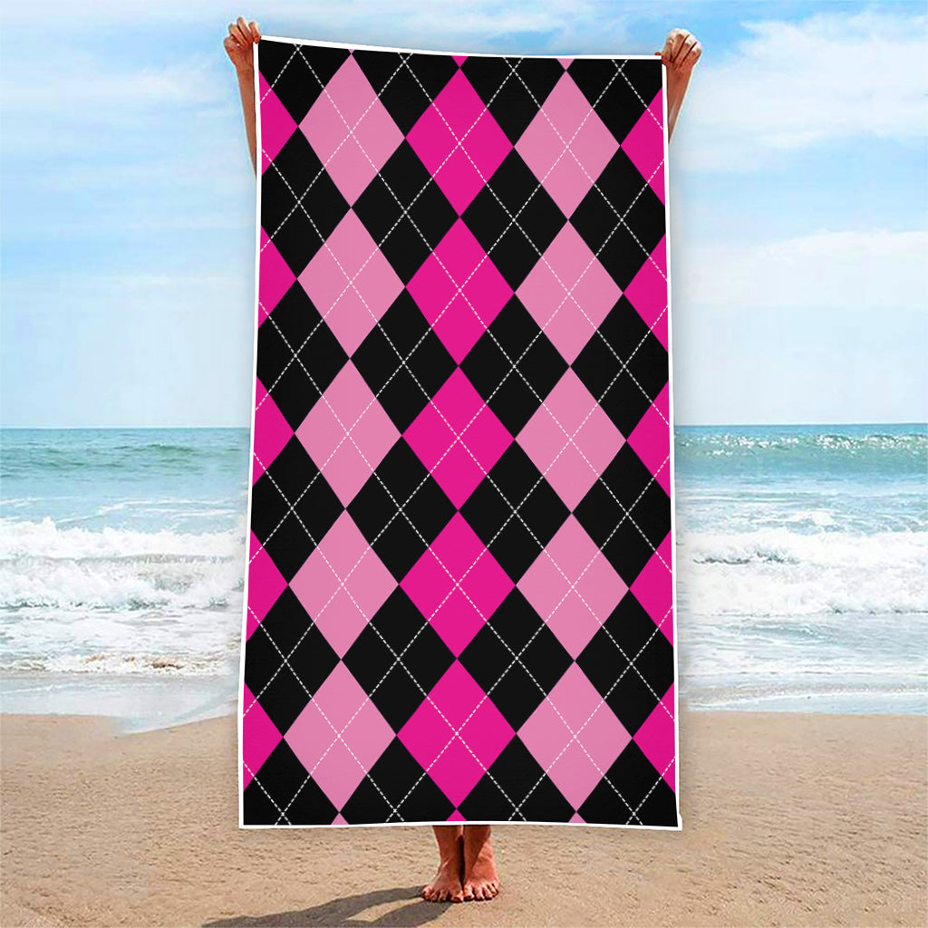 Black And Deep Pink Argyle Pattern Print Beach Towel