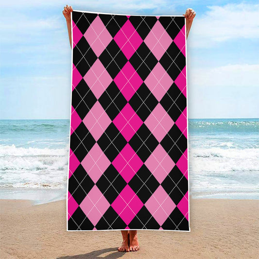 Black And Deep Pink Argyle Pattern Print Beach Towel