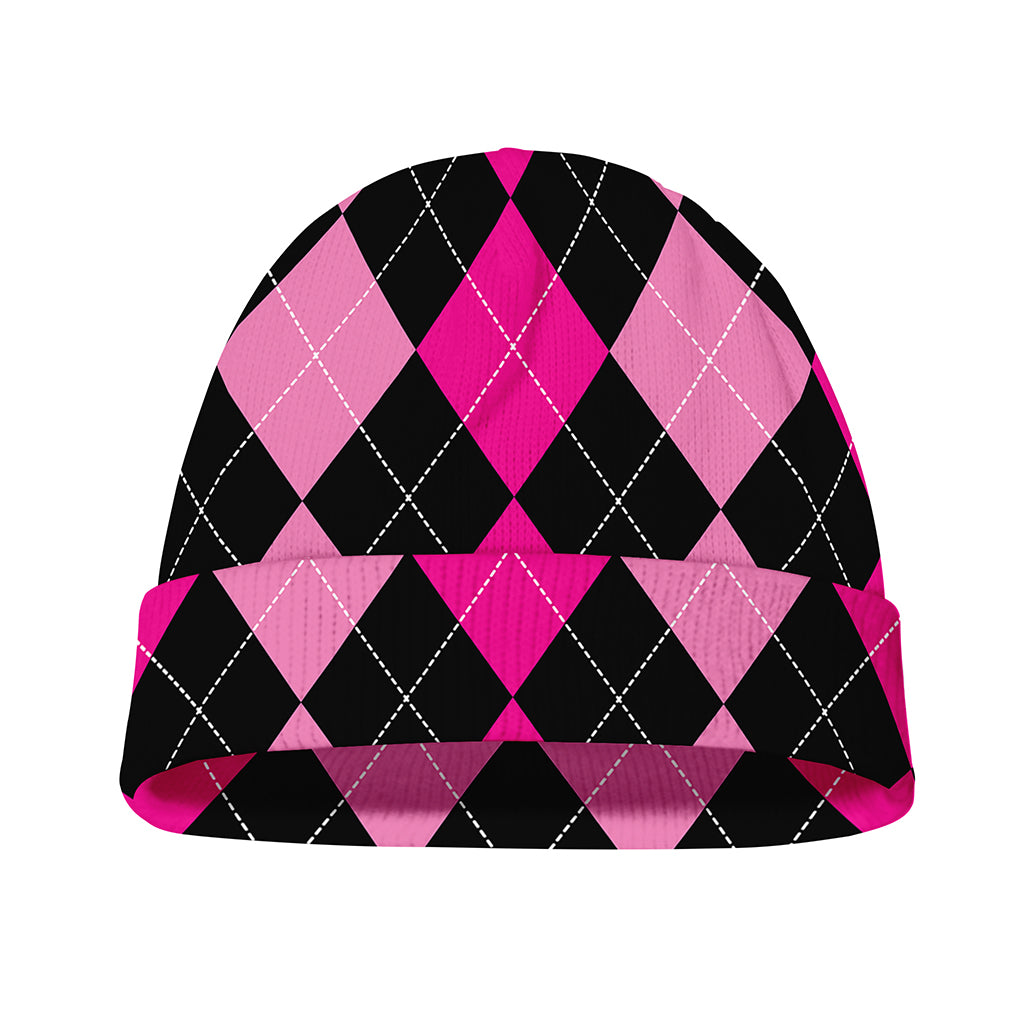 Black And Deep Pink Argyle Pattern Print Beanie