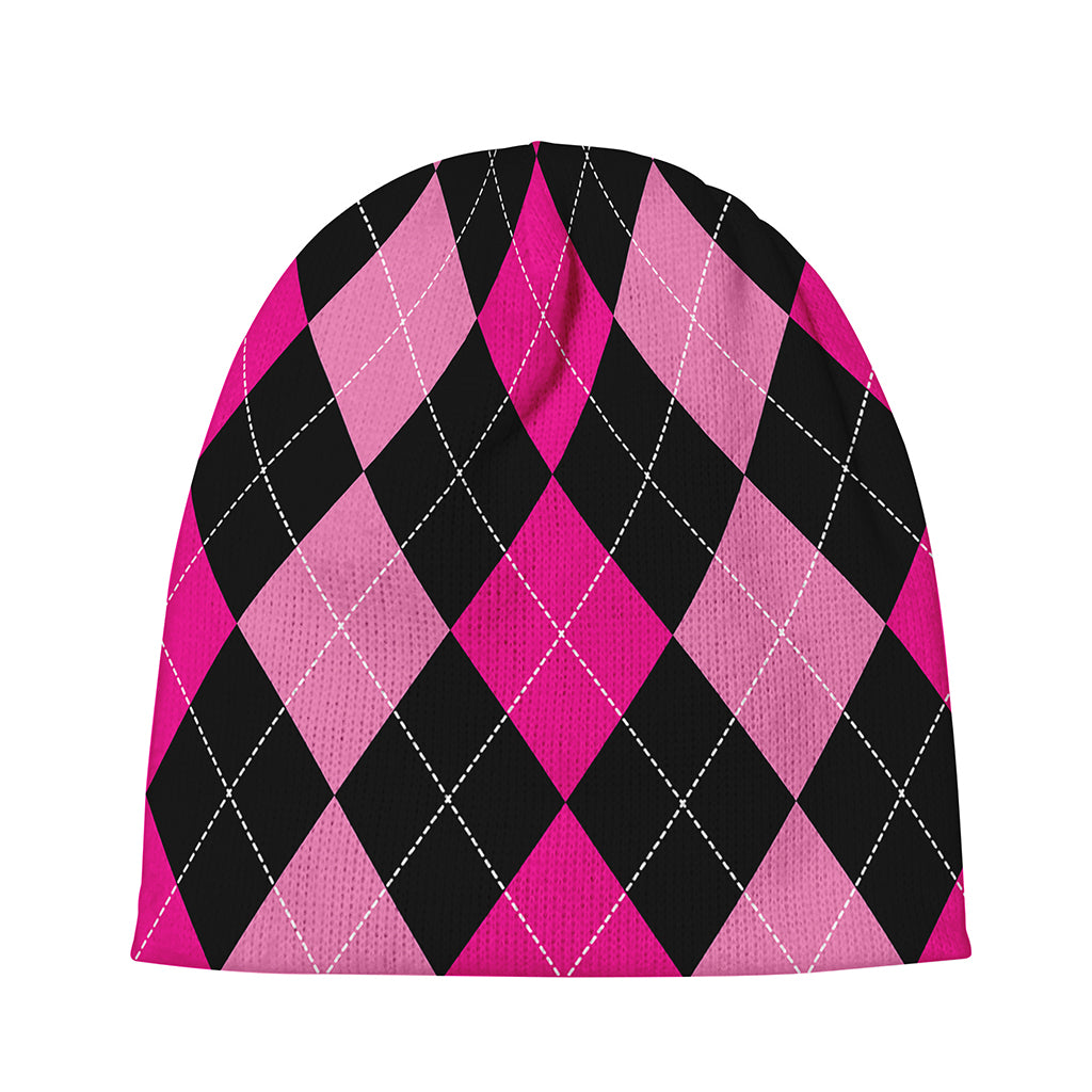 Black And Deep Pink Argyle Pattern Print Beanie