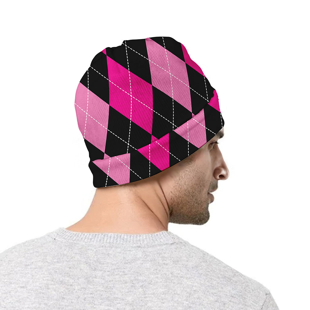 Black And Deep Pink Argyle Pattern Print Beanie