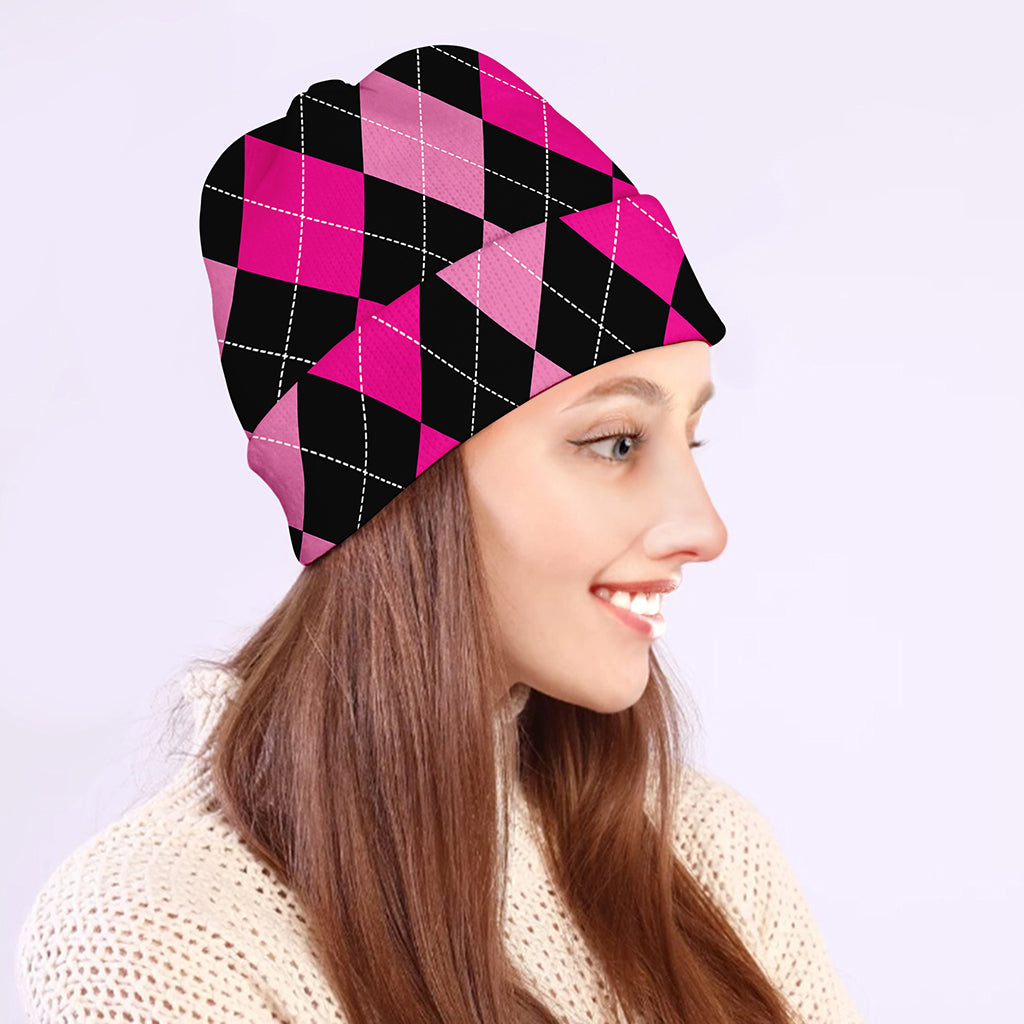 Black And Deep Pink Argyle Pattern Print Beanie