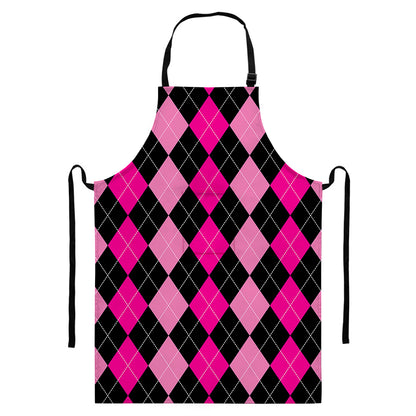 Black And Deep Pink Argyle Pattern Print Bib Apron With Pocket