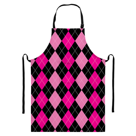 Black And Deep Pink Argyle Pattern Print Bib Apron With Pocket