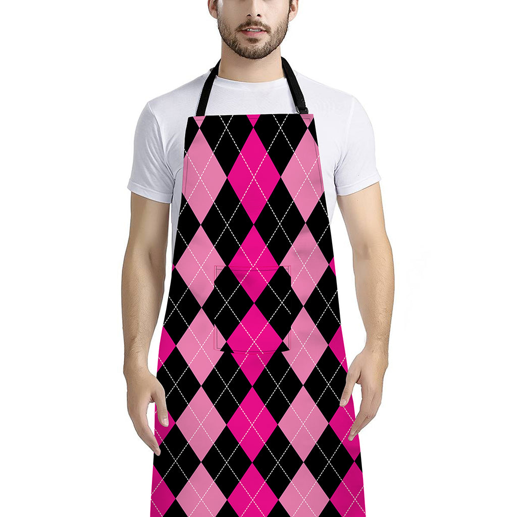 Black And Deep Pink Argyle Pattern Print Bib Apron With Pocket