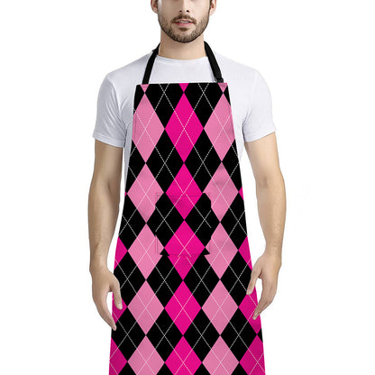 Black And Deep Pink Argyle Pattern Print Bib Apron With Pocket