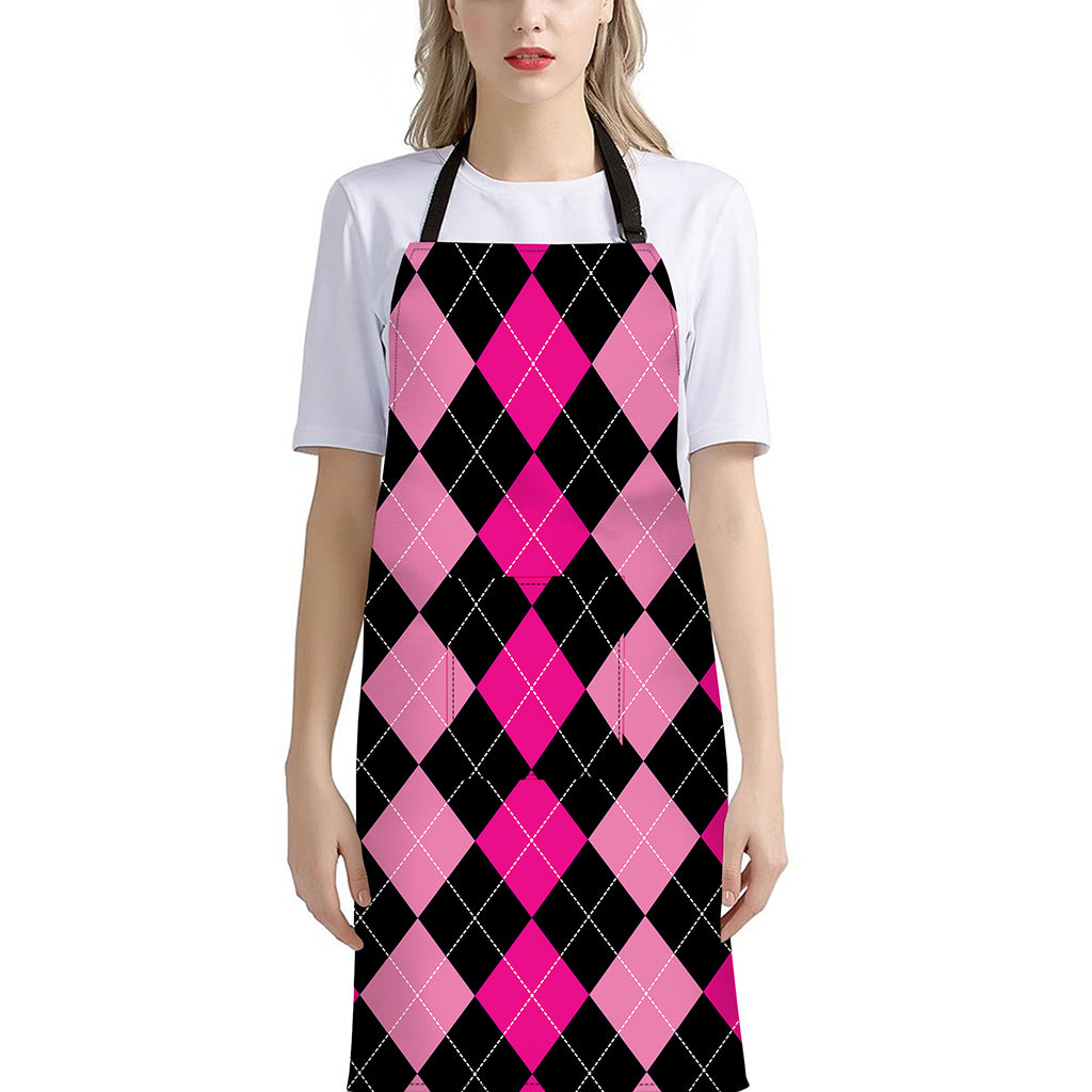 Black And Deep Pink Argyle Pattern Print Bib Apron With Pocket