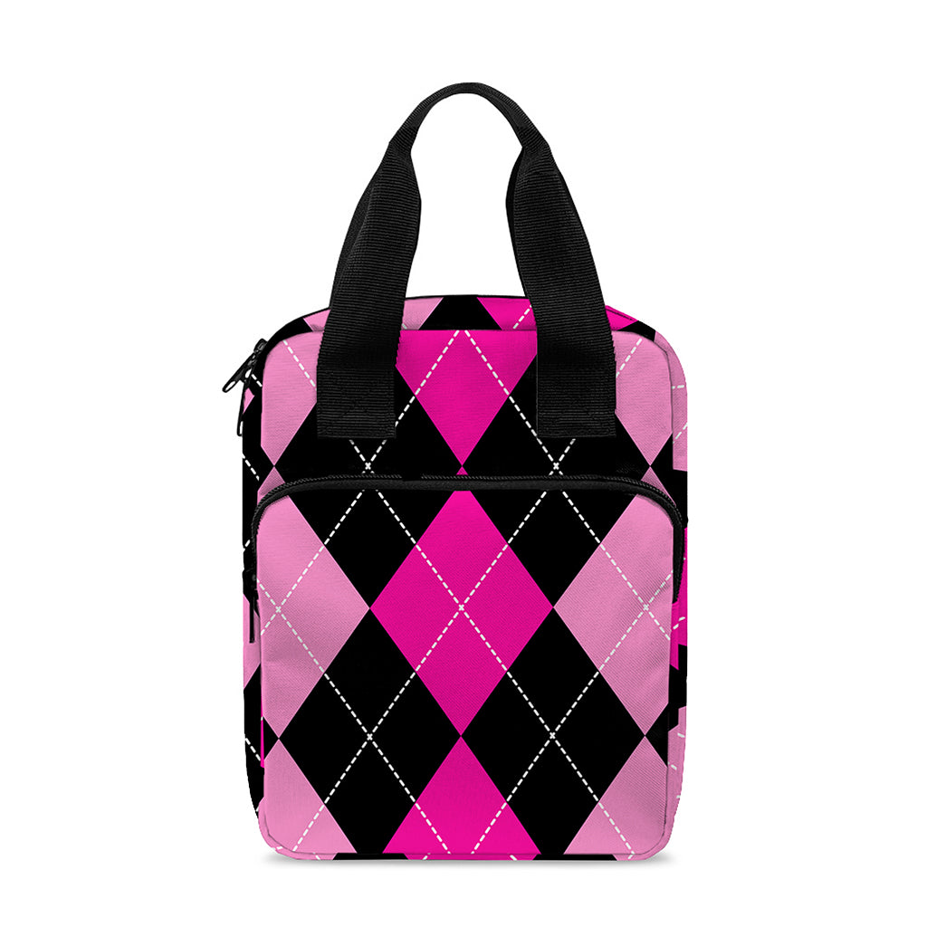 Black And Deep Pink Argyle Pattern Print Bible Tote Bag