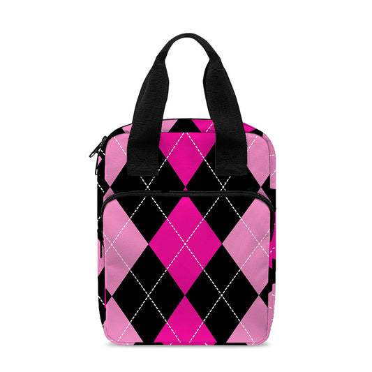 Black And Deep Pink Argyle Pattern Print Bible Tote Bag