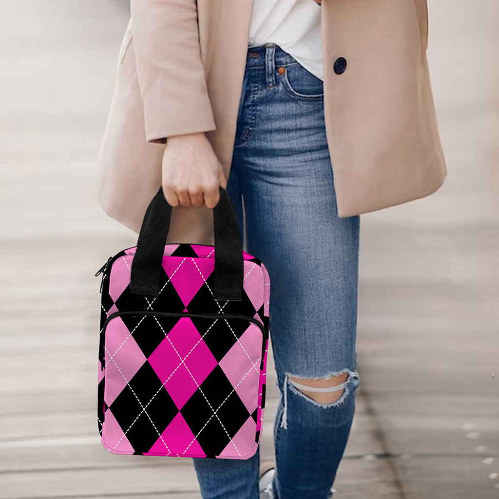 Black And Deep Pink Argyle Pattern Print Bible Tote Bag