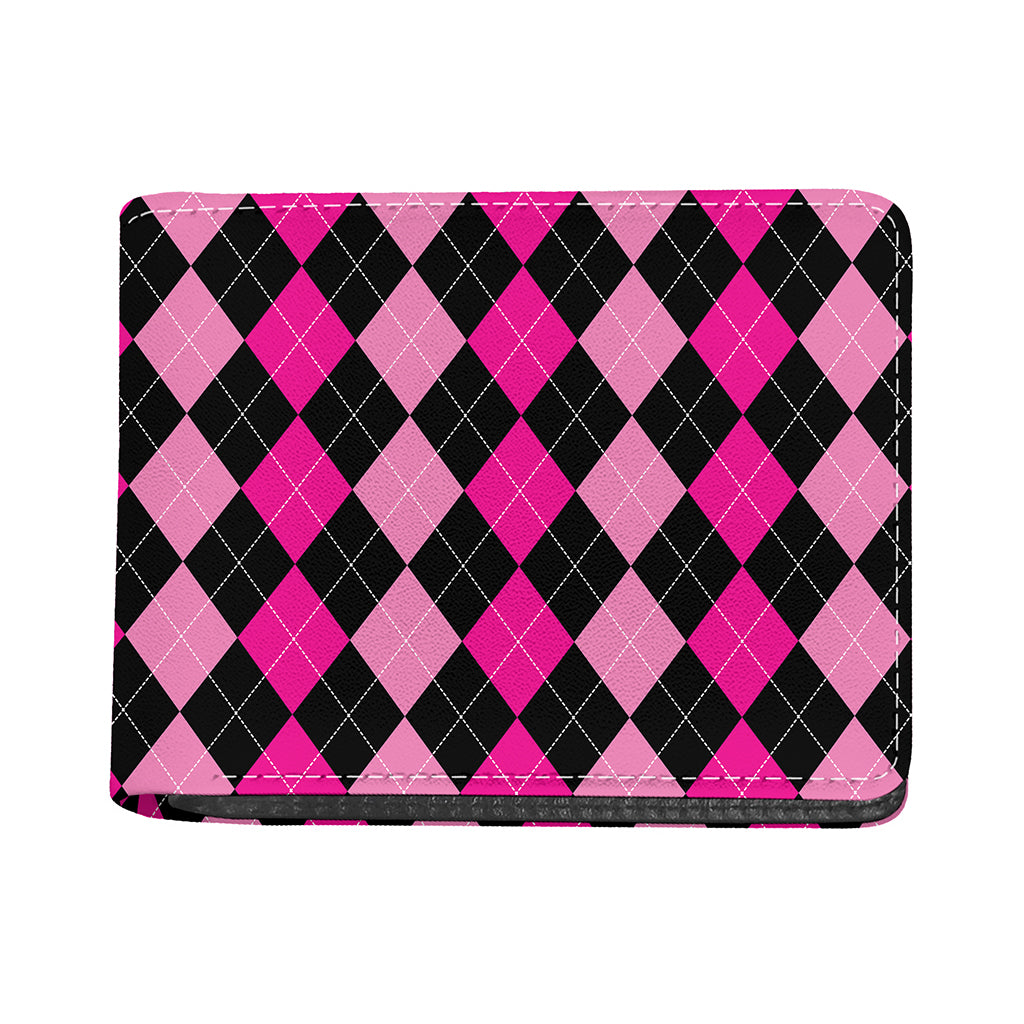 Black And Deep Pink Argyle Pattern Print Bifold Wallet