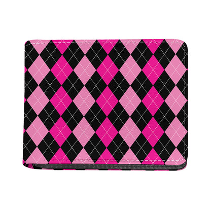 Black And Deep Pink Argyle Pattern Print Bifold Wallet