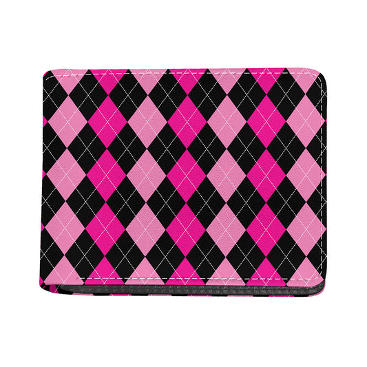 Black And Deep Pink Argyle Pattern Print Bifold Wallet