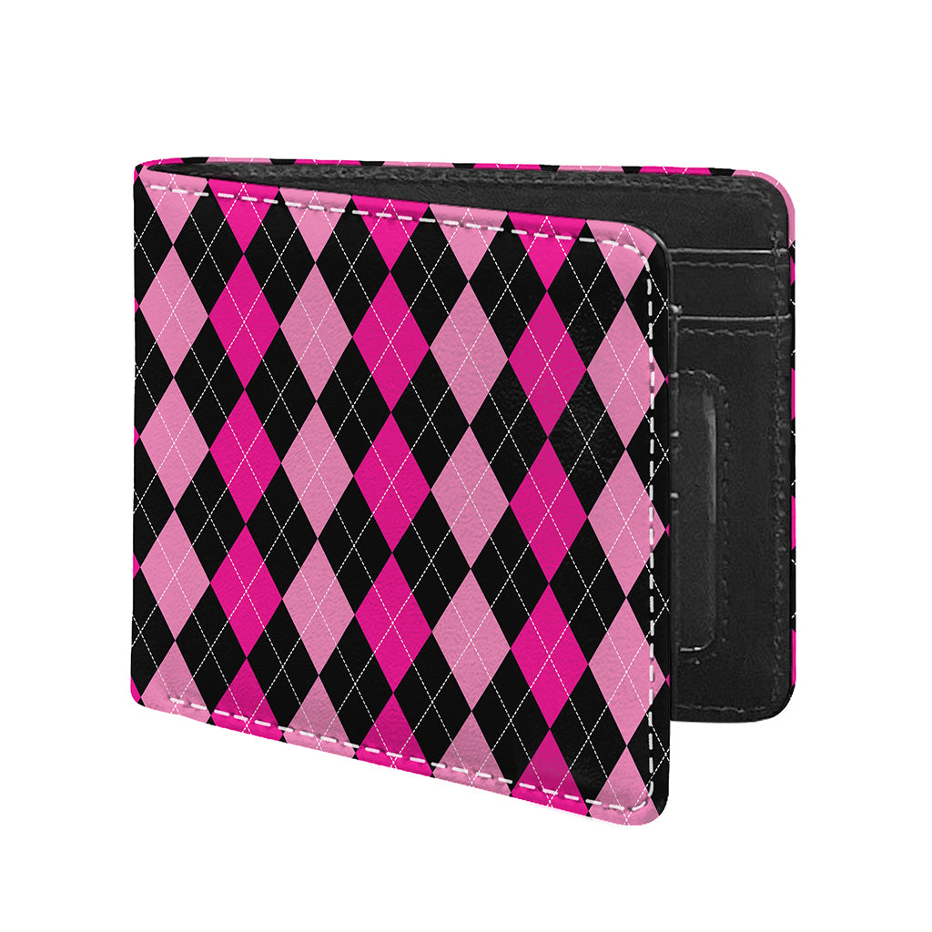 Black And Deep Pink Argyle Pattern Print Bifold Wallet