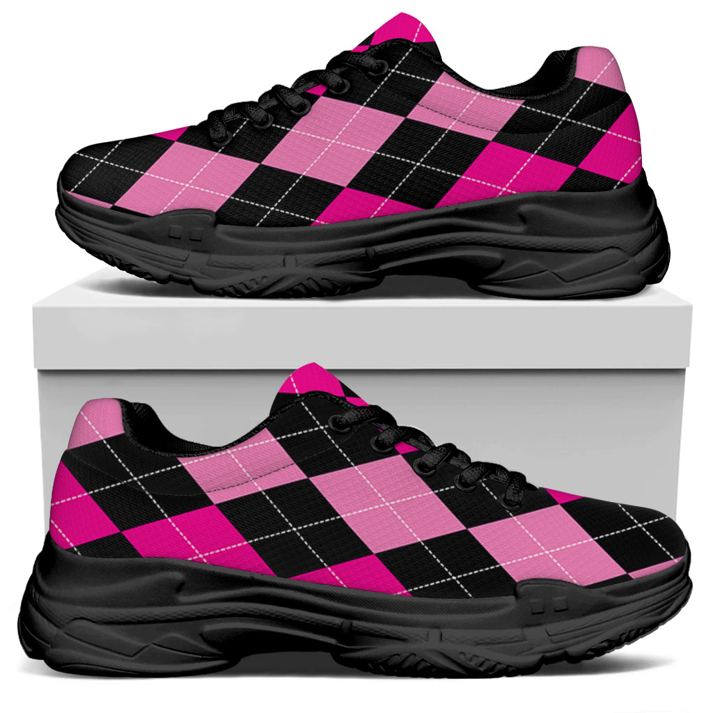 Black And Deep Pink Argyle Pattern Print Black Chunky Shoes