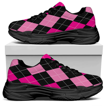 Black And Deep Pink Argyle Pattern Print Black Chunky Shoes