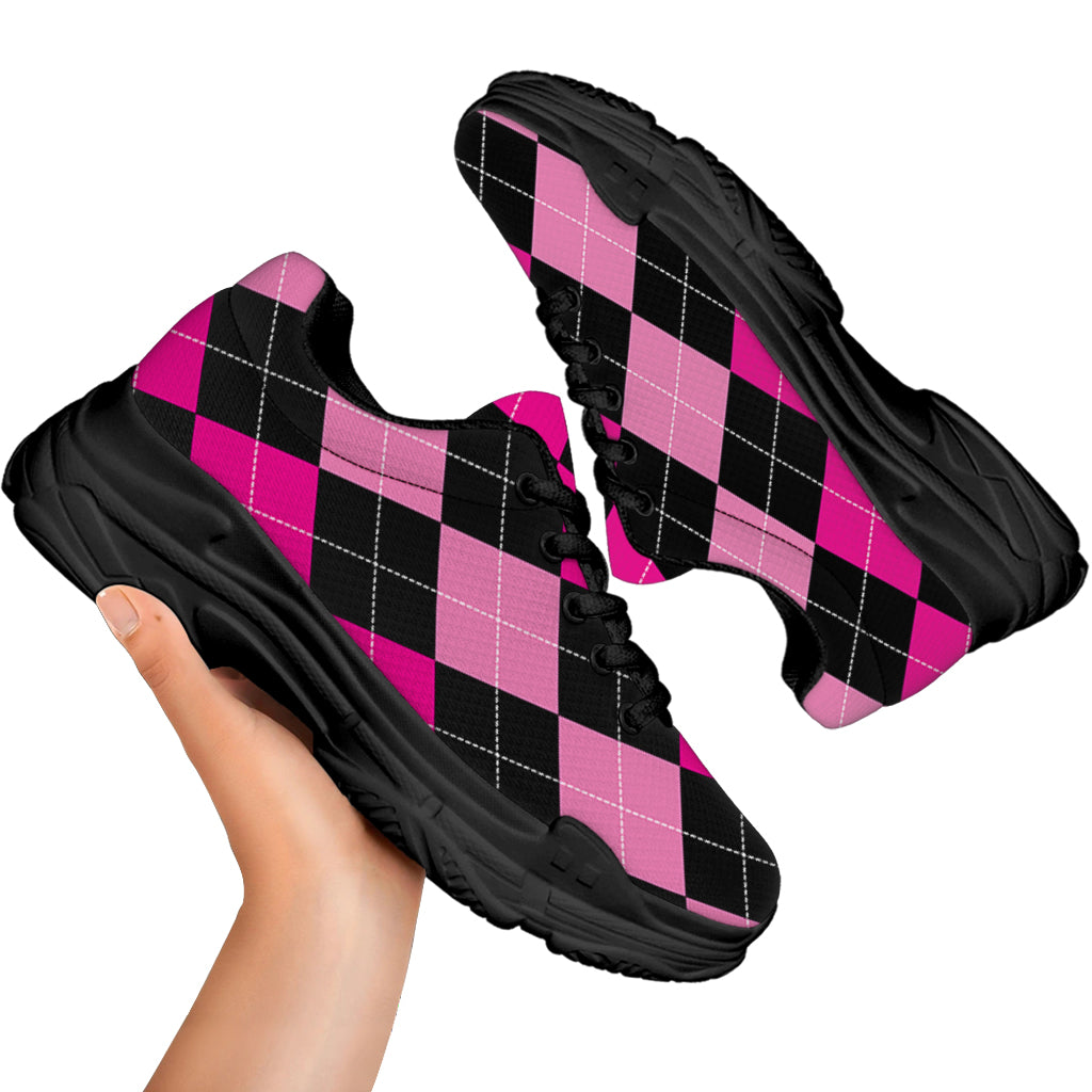 Black And Deep Pink Argyle Pattern Print Black Chunky Shoes