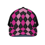 Black And Deep Pink Argyle Pattern Print Black Mesh Trucker Cap