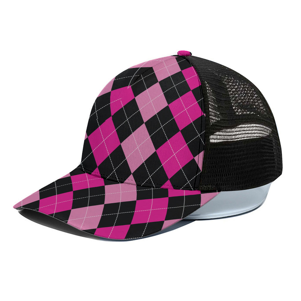 Black And Deep Pink Argyle Pattern Print Black Mesh Trucker Cap