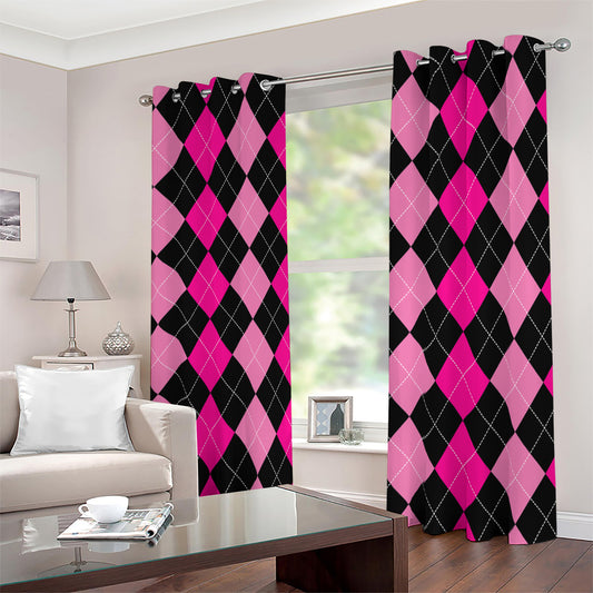 Black And Deep Pink Argyle Pattern Print Blackout Grommet Curtains