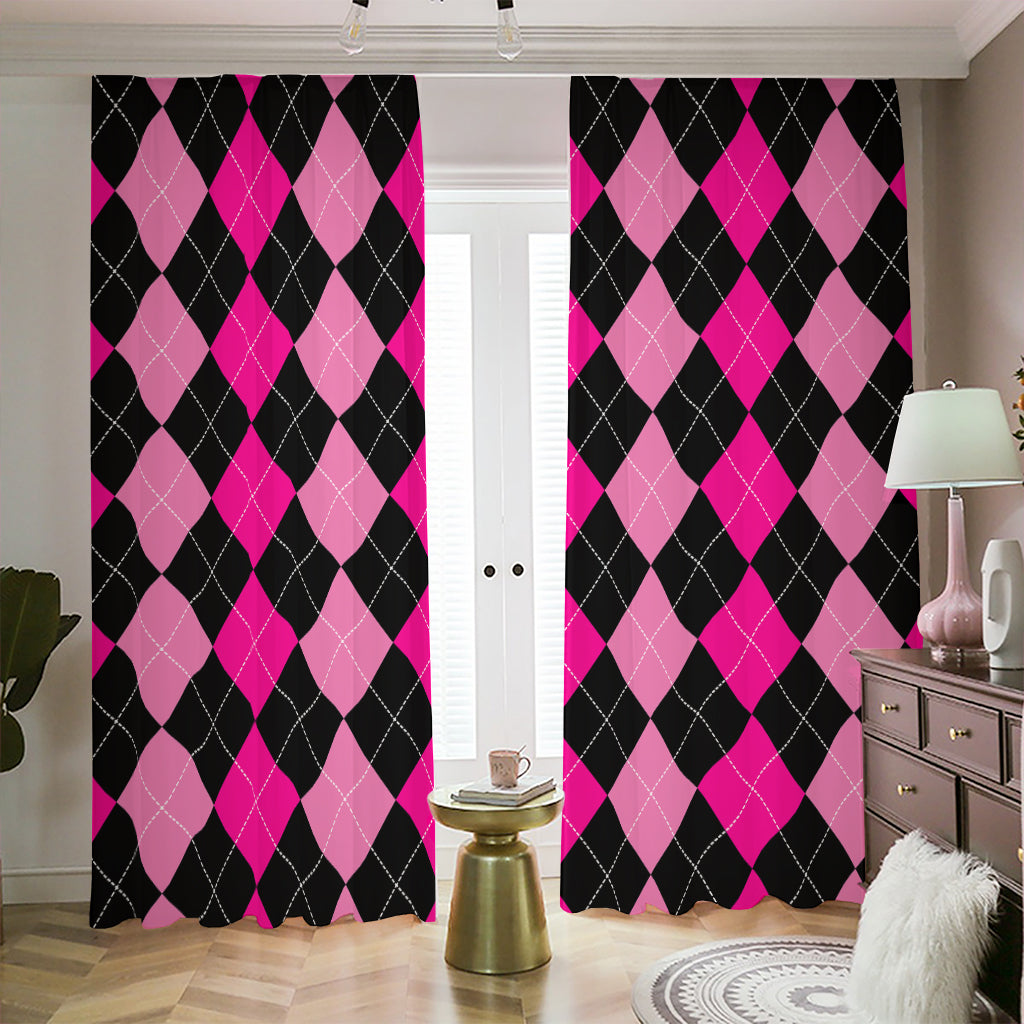 Black And Deep Pink Argyle Pattern Print Blackout Pencil Pleat Curtains