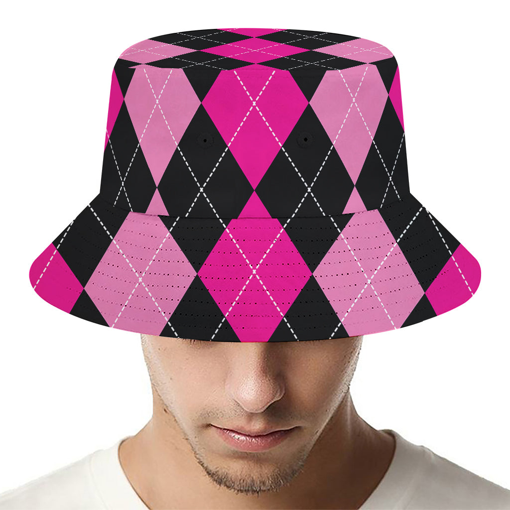 Black And Deep Pink Argyle Pattern Print Bucket Hat
