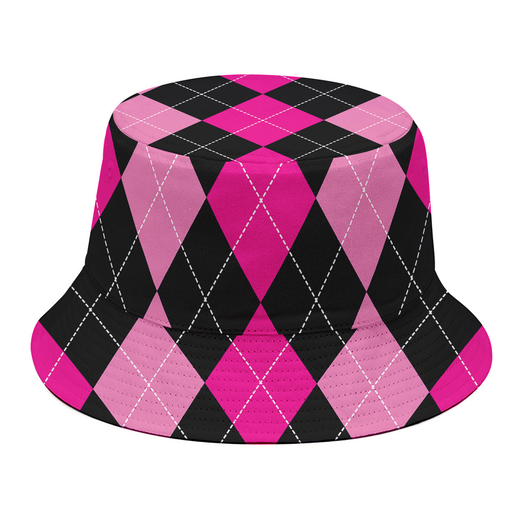 Black And Deep Pink Argyle Pattern Print Bucket Hat