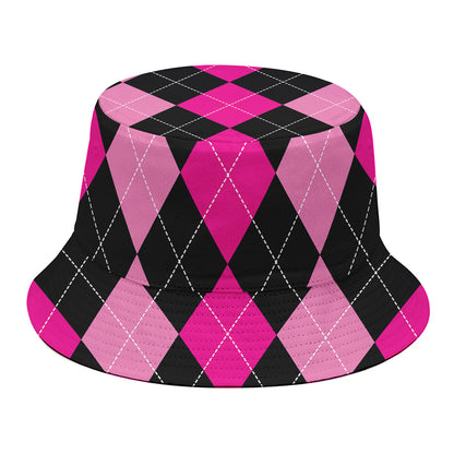 Black And Deep Pink Argyle Pattern Print Bucket Hat