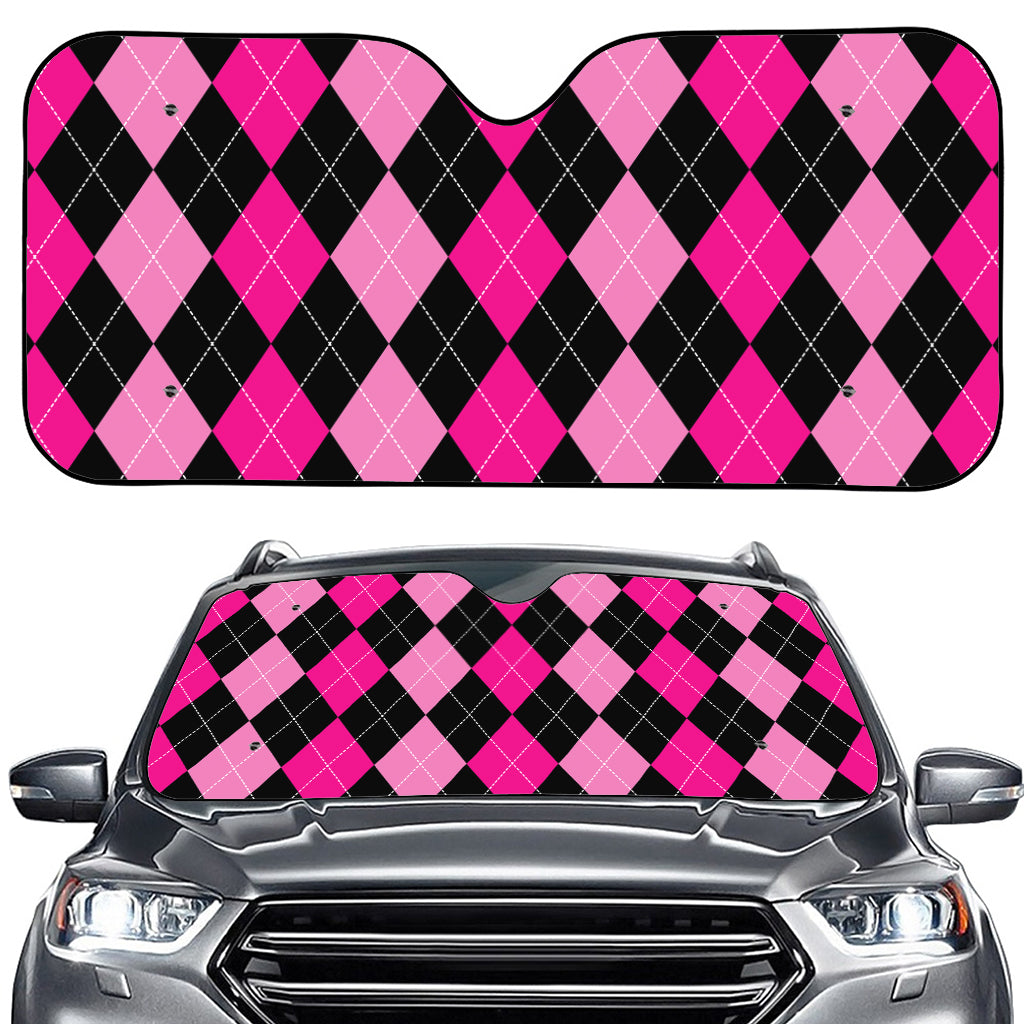 Black And Deep Pink Argyle Pattern Print Car Windshield Sun Shade