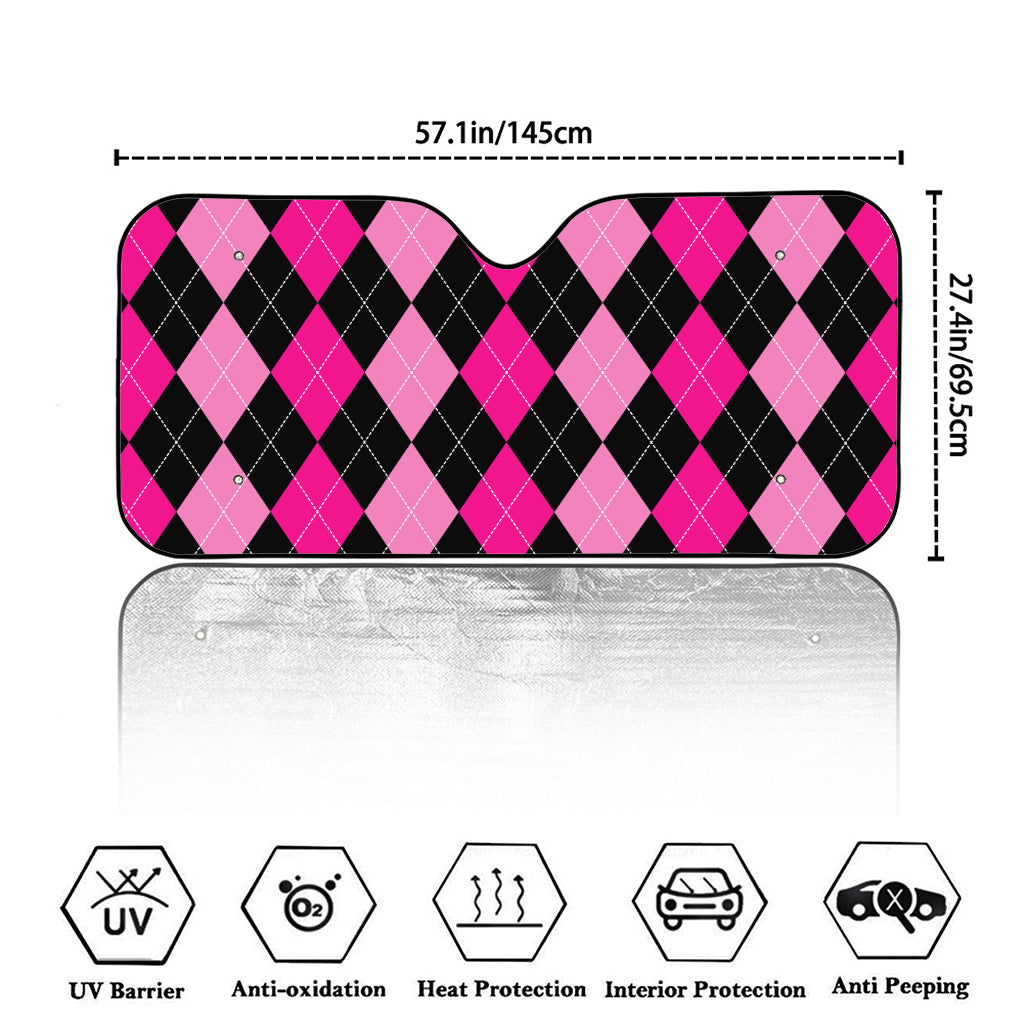 Black And Deep Pink Argyle Pattern Print Car Windshield Sun Shade