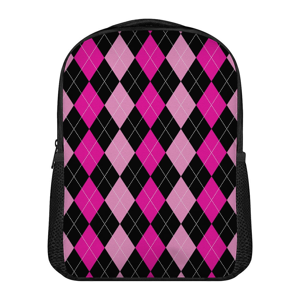 Black And Deep Pink Argyle Pattern Print Casual Backpack