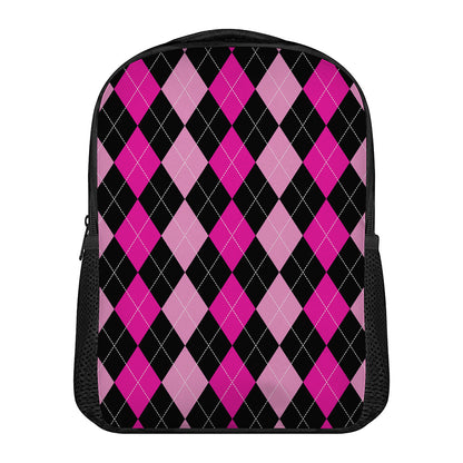 Black And Deep Pink Argyle Pattern Print Casual Backpack