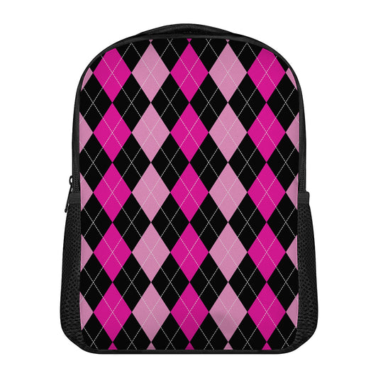 Black And Deep Pink Argyle Pattern Print Casual Backpack