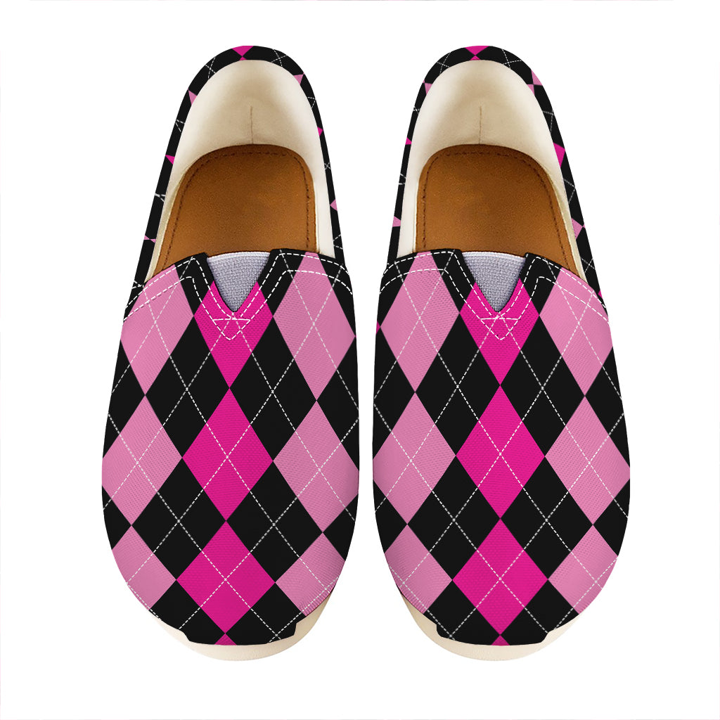 Black And Deep Pink Argyle Pattern Print Casual Shoes