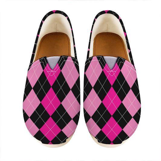 Black And Deep Pink Argyle Pattern Print Casual Shoes