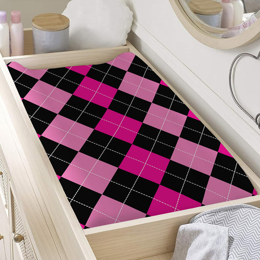 Black And Deep Pink Argyle Pattern Print Changing Pad Cover