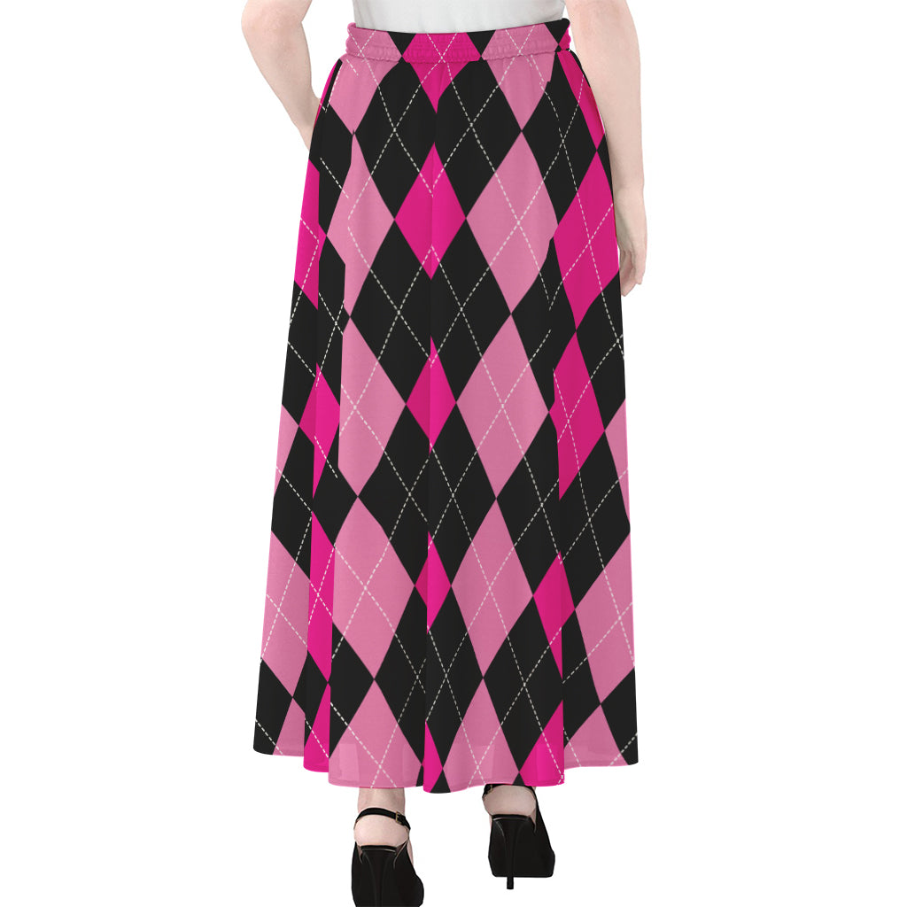 Black And Deep Pink Argyle Pattern Print Chiffon Maxi Skirt