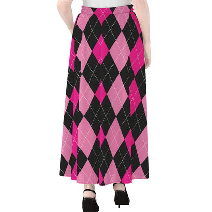 Black And Deep Pink Argyle Pattern Print Chiffon Maxi Skirt