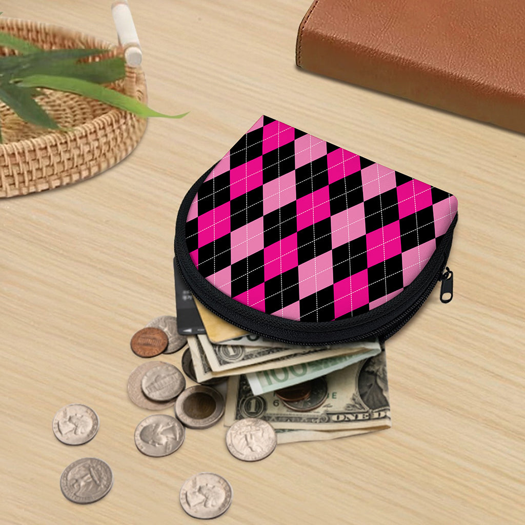 Black And Deep Pink Argyle Pattern Print Coin Purse