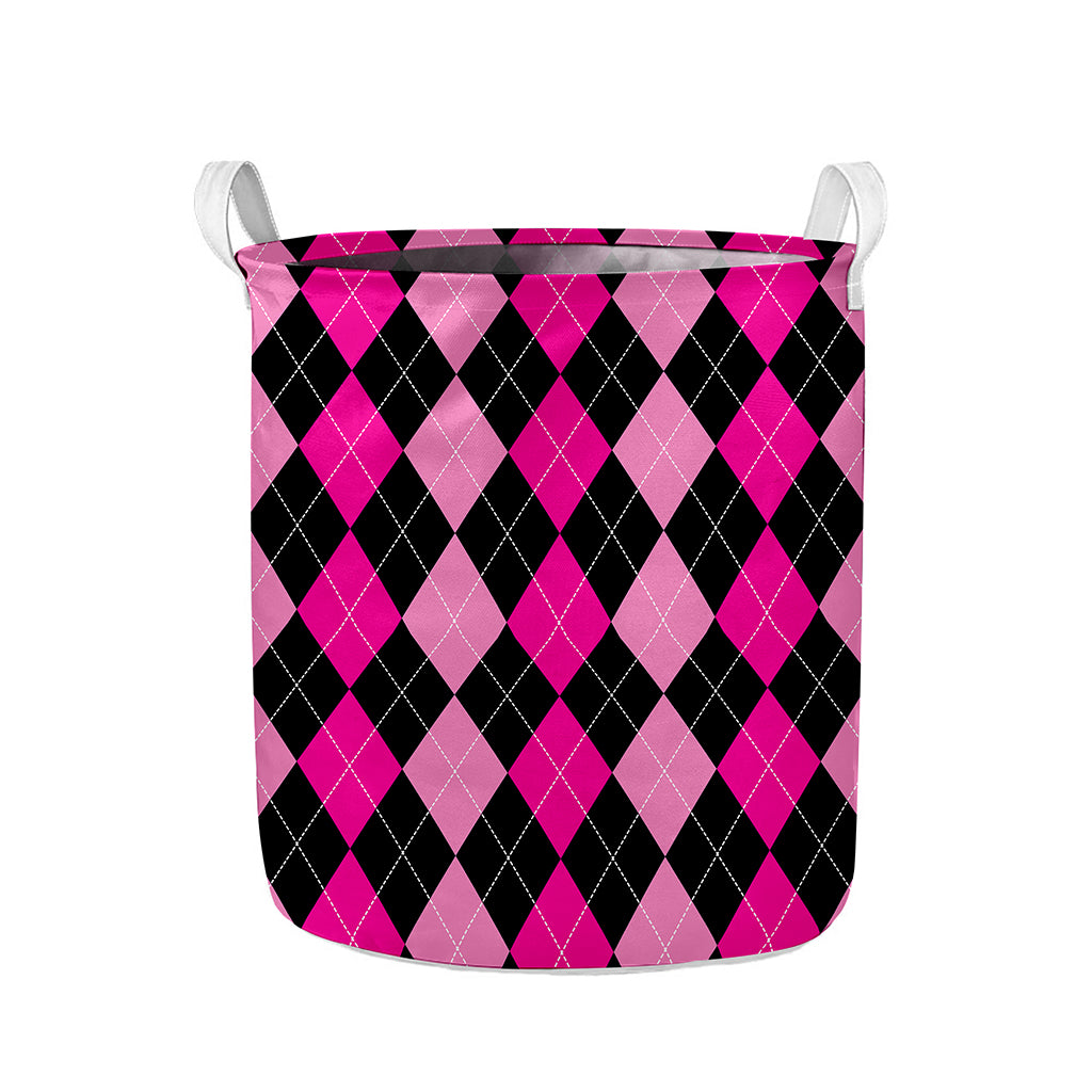 Black And Deep Pink Argyle Pattern Print Collapsible Laundry Basket